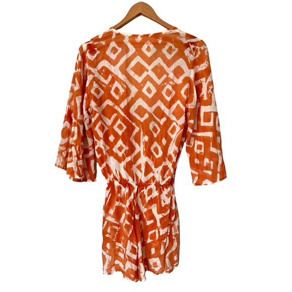 Blue Life Summer Flutter Short Romper Bell Sleeves Orange White Ikat Womens XS - Picture 4 of 5